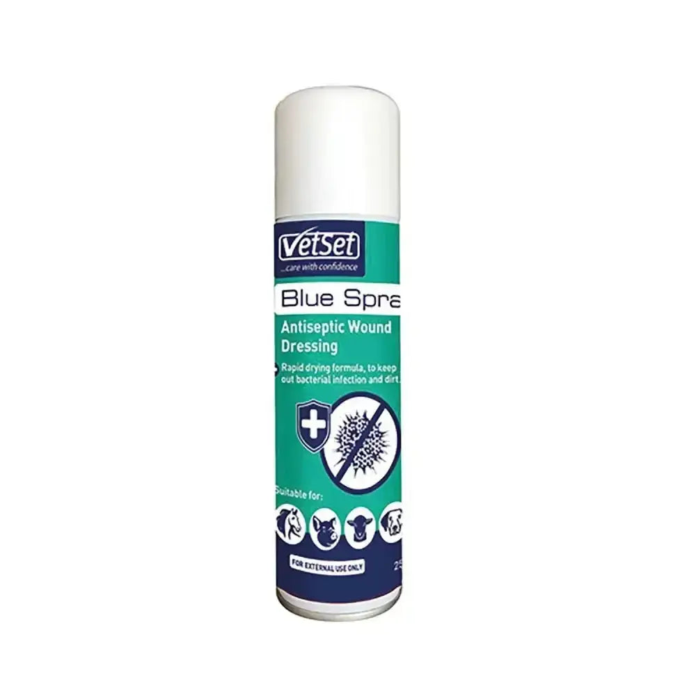 Vetset blue spray antiseptic instant cleanser in white aerosol can with teal and navy blue labeling for powerful bactericidal action