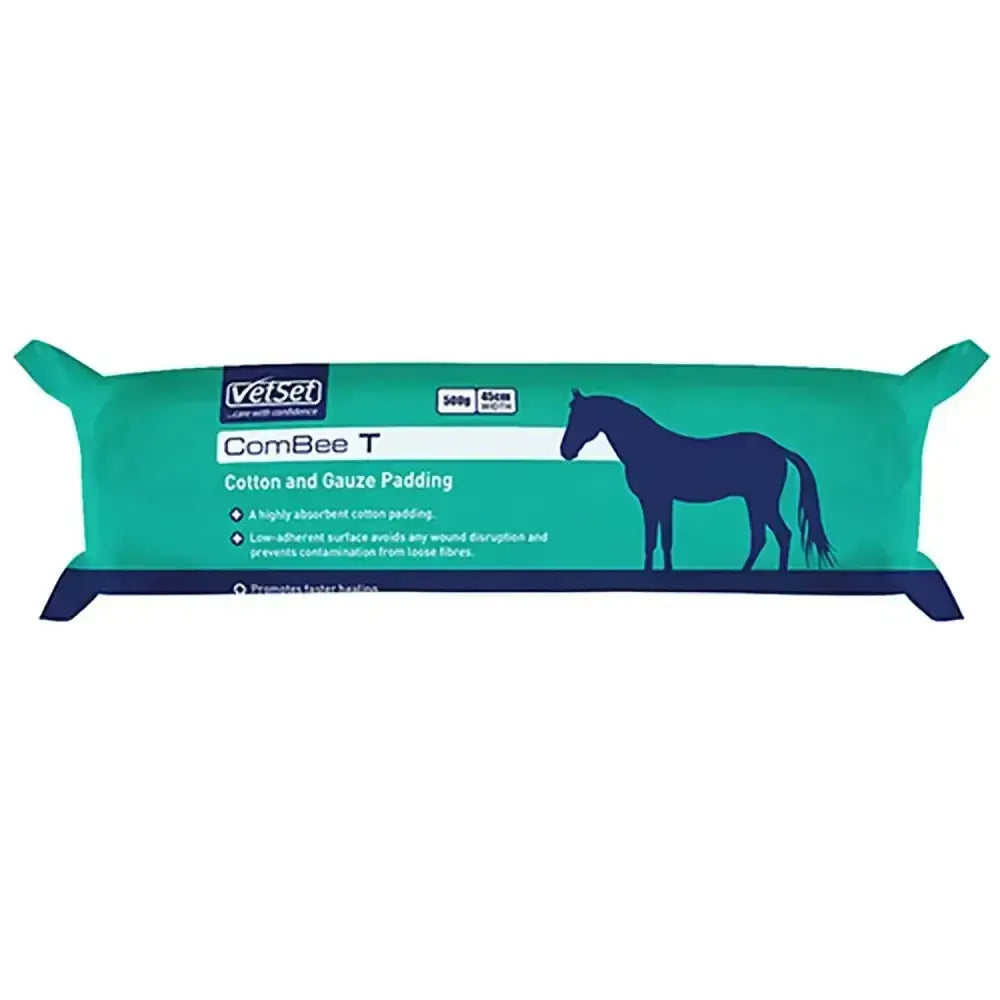 Teal rectangular vetset combee t package with navy horse silhouette featuring highly absorbent cotton medical grade padding