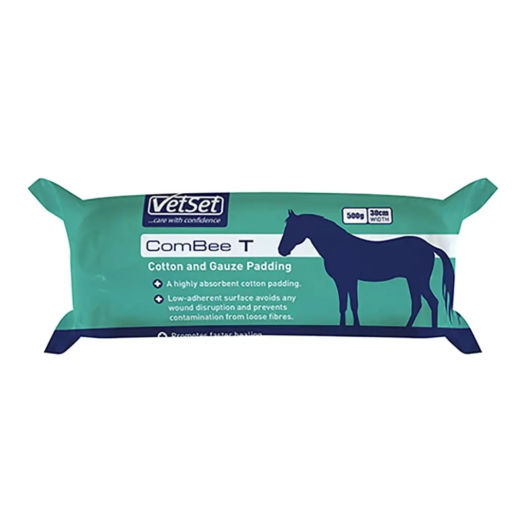 Vetset combee t cotton and gauze padding in teal and navy blue featuring highly absorbent cotton medical grade padding for horses