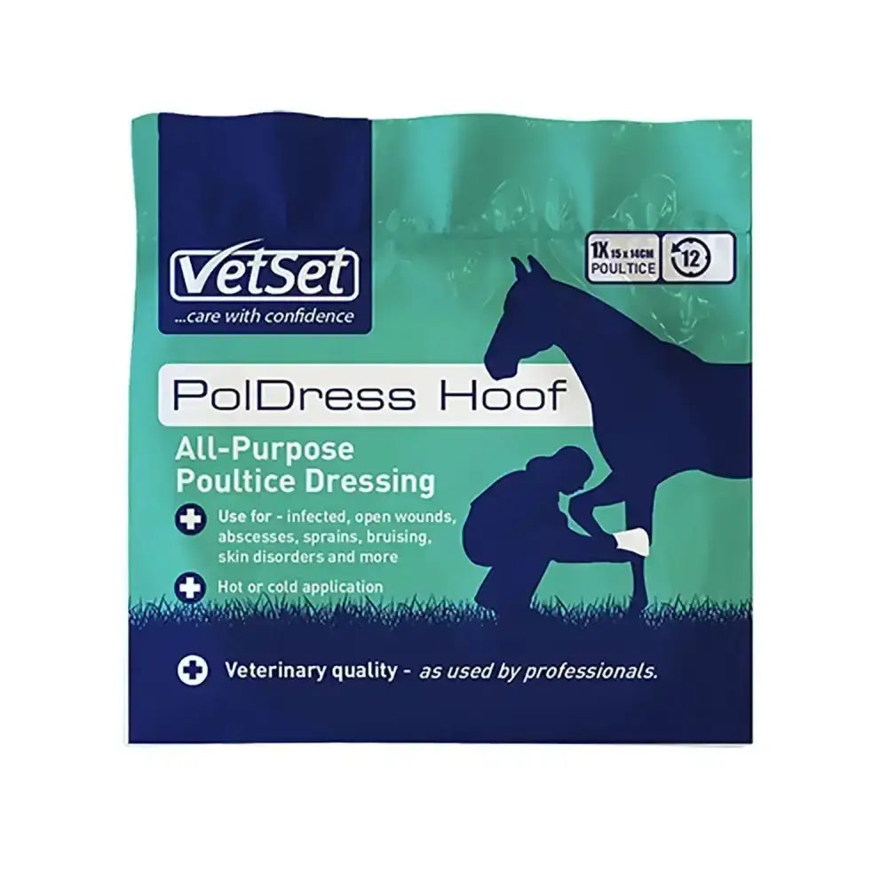 Vetset poldress hoof poultice in teal and navy blue packaging with horse and vet silhouettes for equine foot poulticing