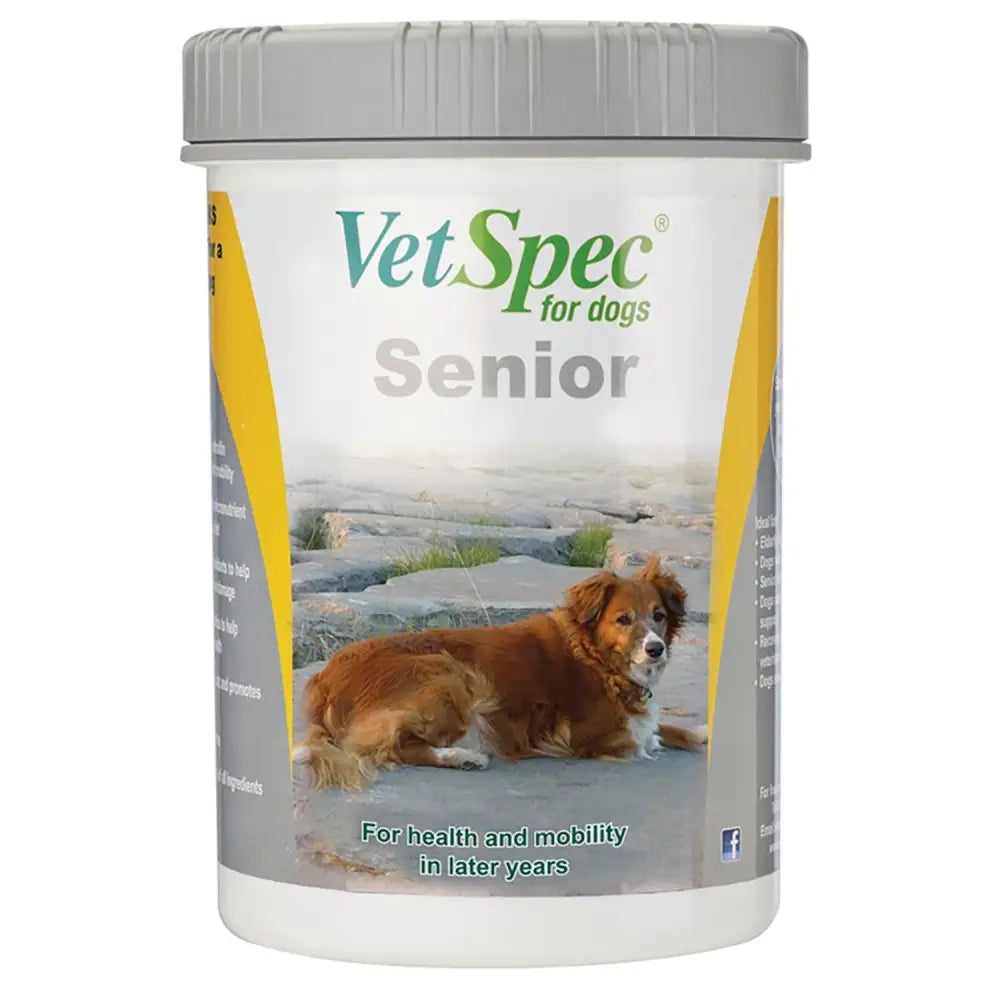 White cylindrical vetspec senior dog supplement container with gray lid and yellow accents for seniors specifically formulated with extra micronutrients needed