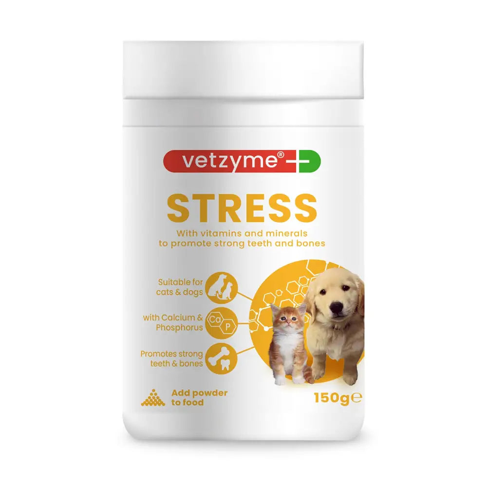White cylindrical container of vetzyme stress powder with white lid and orange label for cats and dogs stress relief