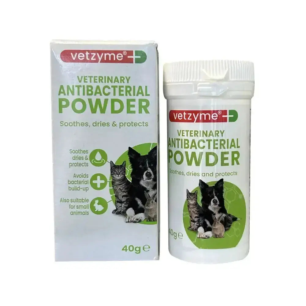 White plastic container of vetzyme veterinary antibacterial powder with green label for cats and dogs use