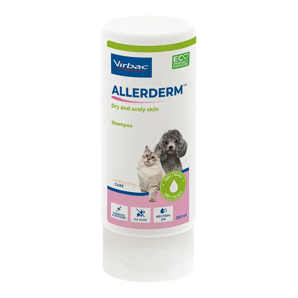 Virbac allerderm sensitive shampoo in a white bottle with green and pink label for dry scaly pet skin care