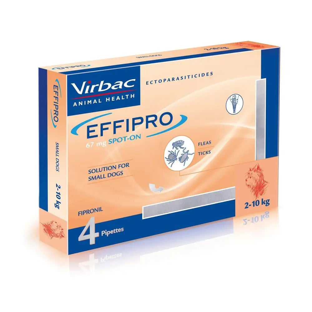 Virbac effipro spot-on 67 mg solution in orange and blue box for small dogs 2-10kg protection and care