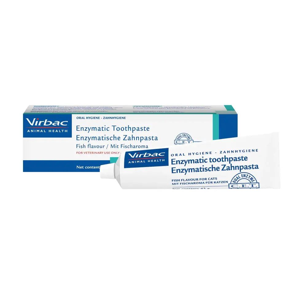 Virbac enzymatic toothpaste in a white and blue tube with dual-enzyme and fish flavoured toothpaste for cats