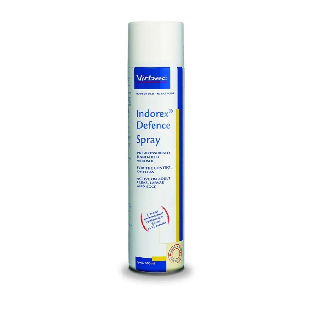 White and blue virbac indorex defence spray aerosol can for veterinary household flea control and insecticide use