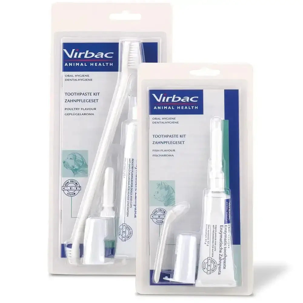 Virbac toothpaste kit with fish flavor and white plastic toothbrush for dogs poultry flavour oral hygiene programme