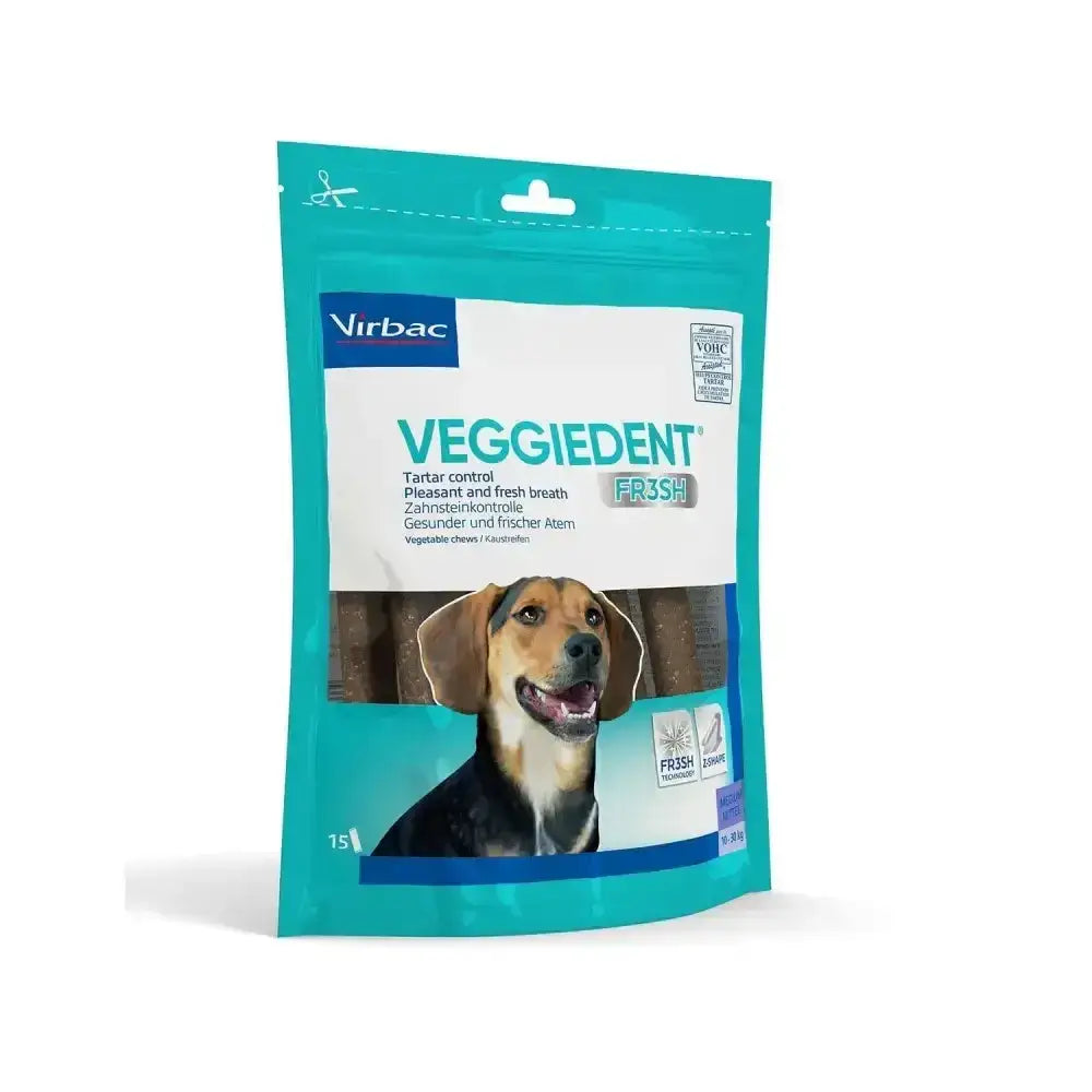 Teal and white packaged virbac veggiedent fr3sh chews for dogs 15 pack with vegetable chew treats for fresh breath