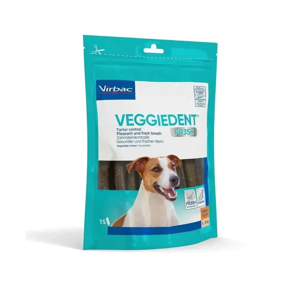 Virbac veggiedent fr3sh chews in teal and white pack for dogs 15 count tartar control treats