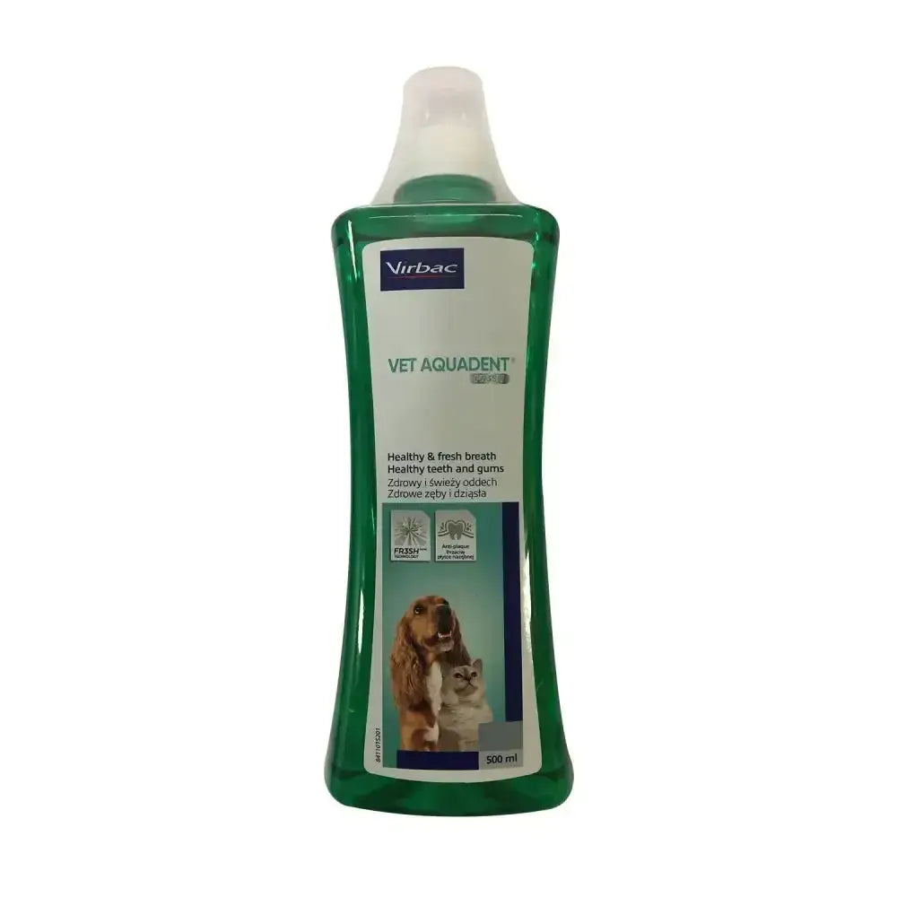 Green plastic bottle of virbac vet aquadent vet aquadent anti-plaque pet dental rinse with spray nozzle and dog cat label