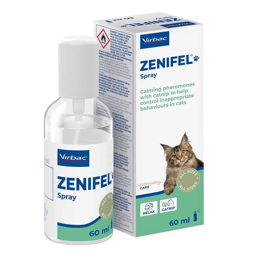 Virbac zenifel calming spray for cats in a clear plastic bottle with white cap next to its box showing a cat image