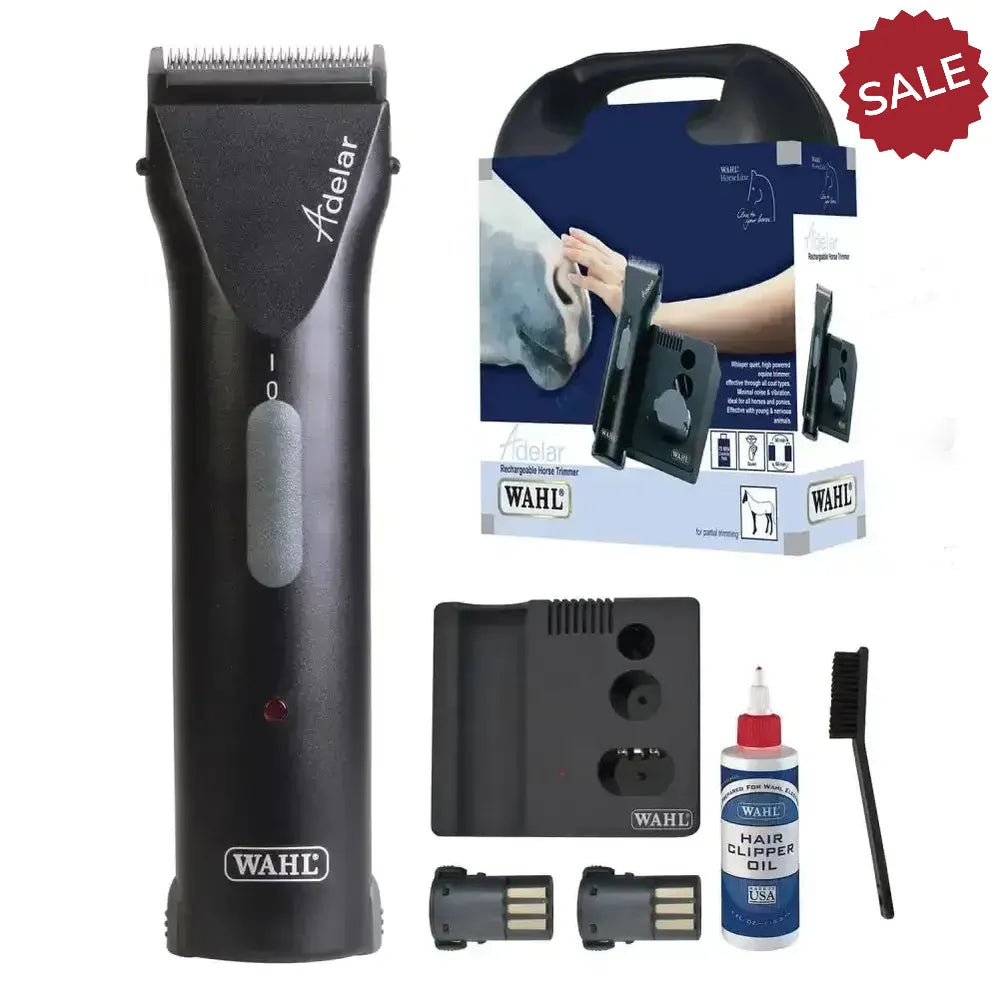Black wahl adelar equine rechargeable ultra-quiet cordless trimmer with silver accent and red power indicator light