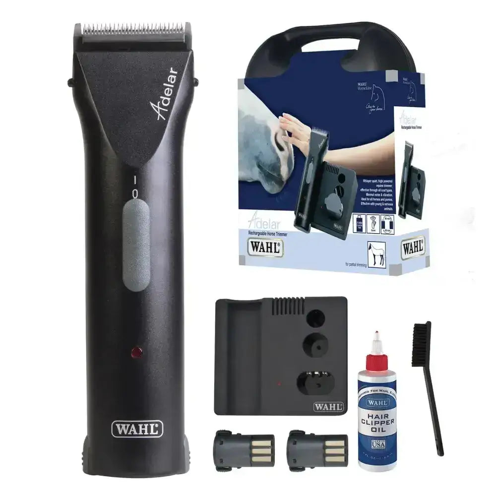 Black wahl adelar equine rechargeable ultra-quiet cordless trimmer with silver accent and red power light for horses