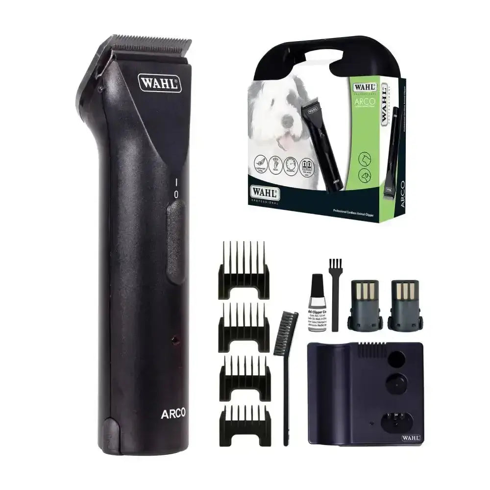 Black wahl arco clipper kit with ultra-quiet cordless clipper, multiple combs, charging base, and led charge indicator