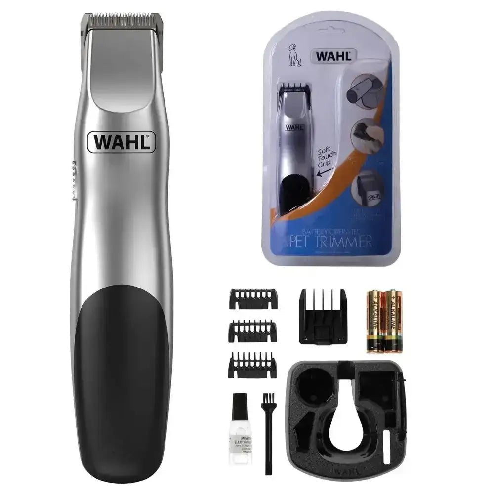 Silver and black wahl battery operated pet trimmer with soft touch grip handle for high performance animal care