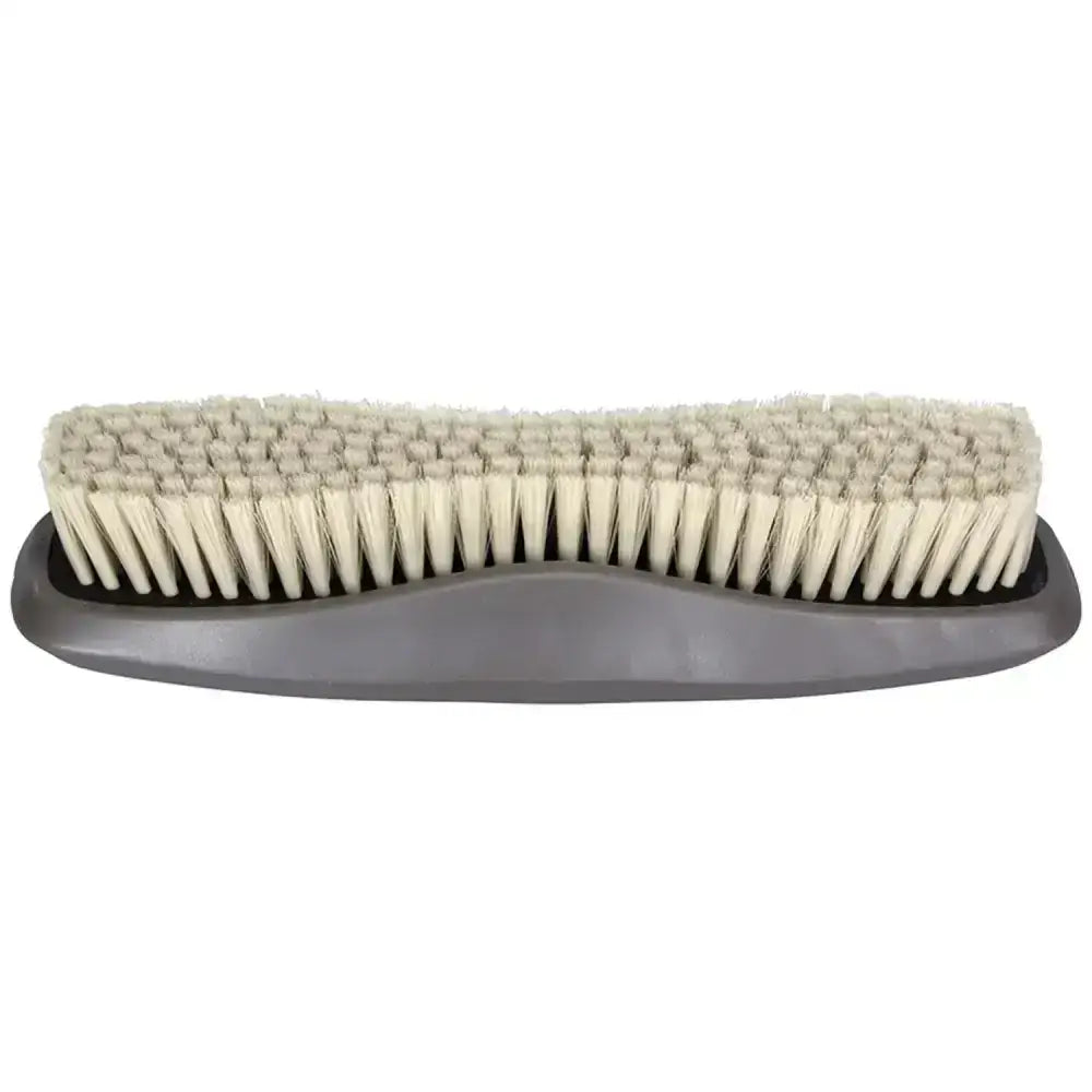 Gray plastic-handled wahl body brush with dense off-white super soft bristles that remove dirt gently