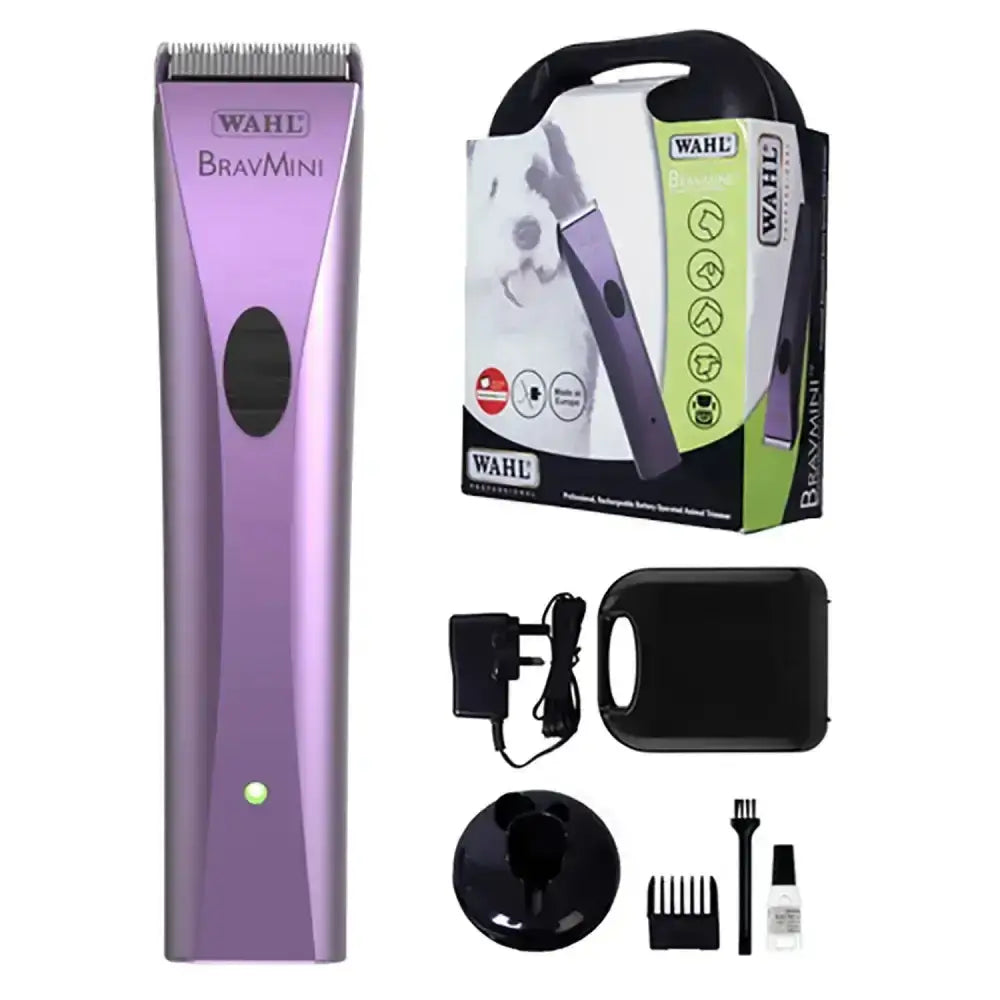 Purple wahl bravmini pet rechargeable trimmer with sleek metallic finish and black button for low vibration performance
