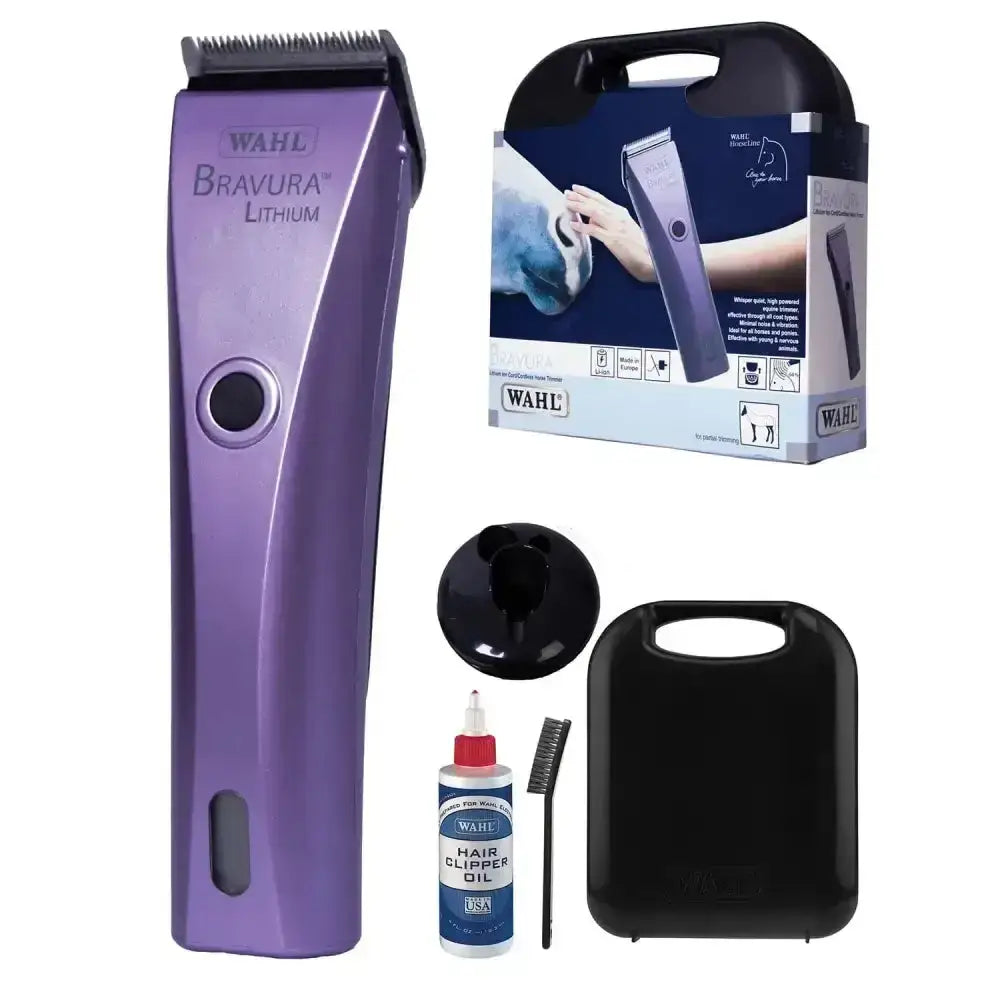 Purple wahl bravura equine cordless animal trimmer with sleek ergonomic design and metallic accents in animal trimmer kit