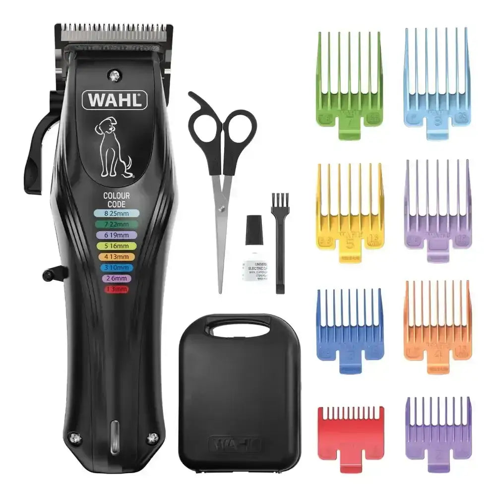 Black wahl colour pro pet rechargeable clipper kit with colorful combs and grooming tools for easy pet trimming