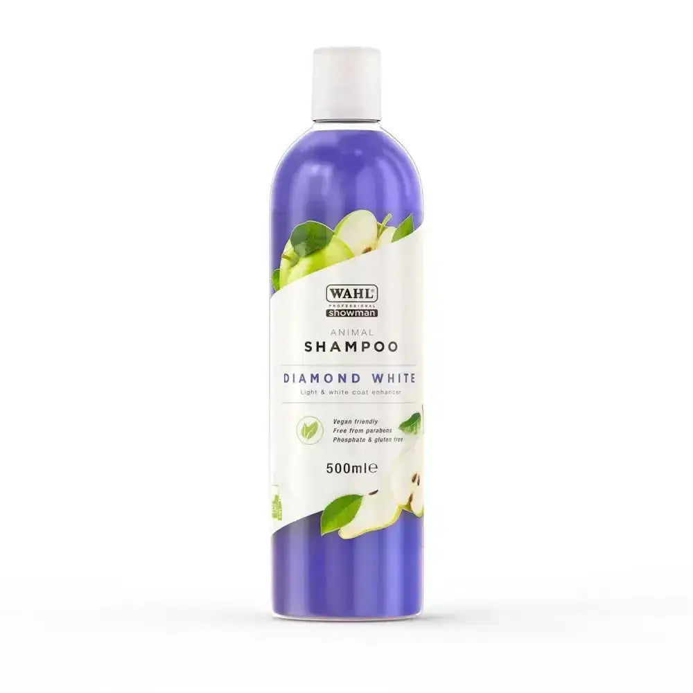 Purple plastic bottle of wahl diamond white shampoo 500ml with perfectly balanced formula for animals
