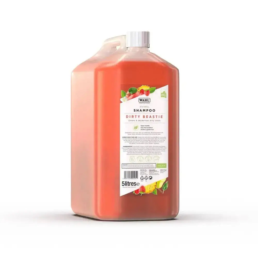 Wahl dirty beastie 5-litre translucent bottle of orange fruit-scented shampoo with perfectly balanced formula