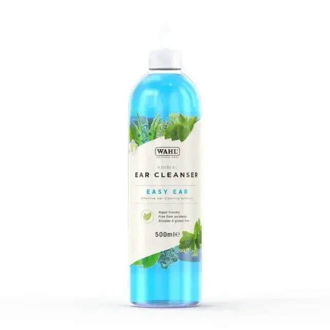 Wahl easy ear ear cleaner in a 500ml transparent bottle with blue liquid and green leaf design for easy ear cleaning