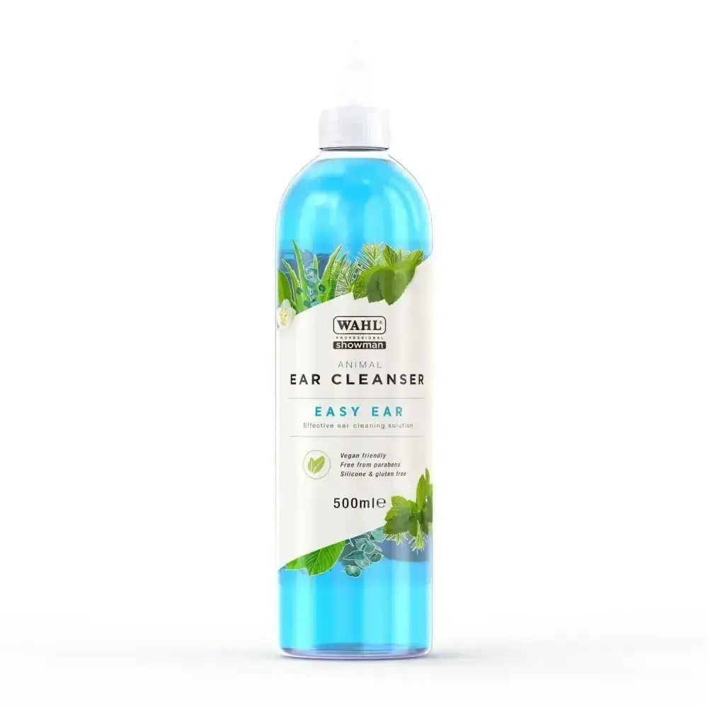 A transparent bottle with bright blue wahl easy ear free-flowing cleansing fluid in a perfectly balanced formula 500ml