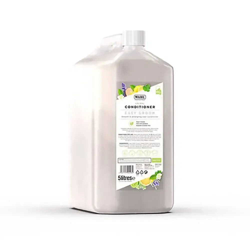 A translucent 5 litre wahl easy groom hair conditioner bottle with white cap and botanical label showing perfectly balanced formula