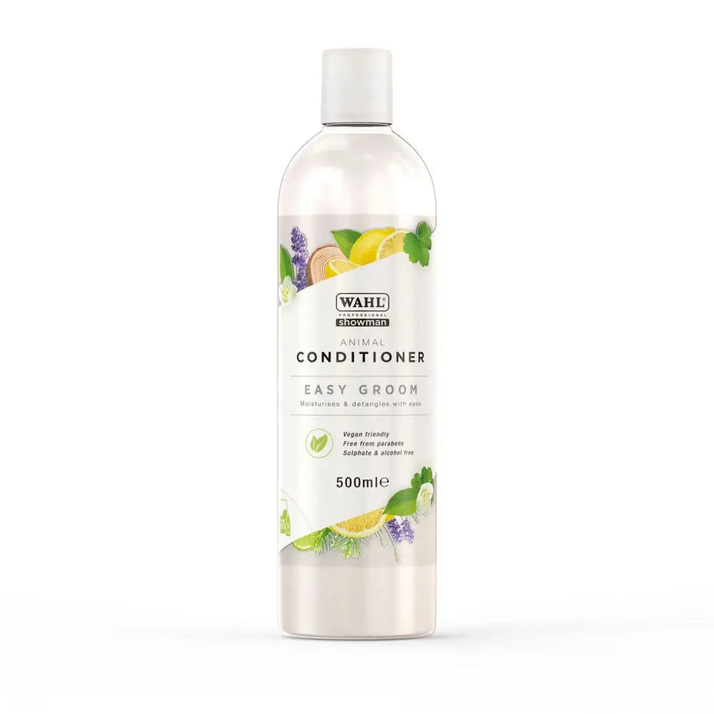 Clear plastic bottle of wahl easy groom animal conditioner 500ml with white cap and lemon lavender mint label