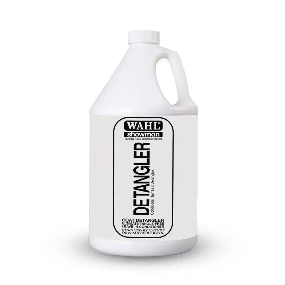 White plastic gallon jug of wahl easy groom detangler professional strength de-matting spray for pet coats