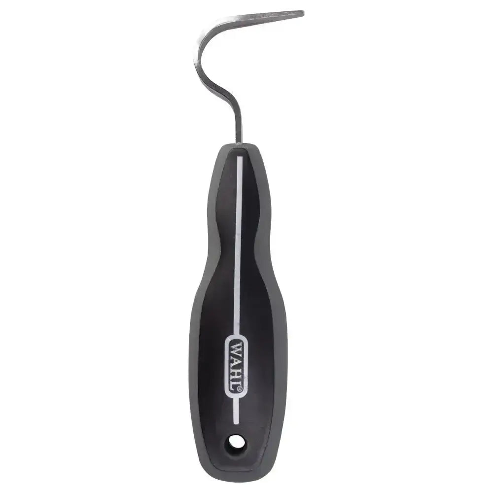 Black wahl hoof pick with curved metal tip and ergonomic grip featuring a non-slip finish for easy horse grooming combs use