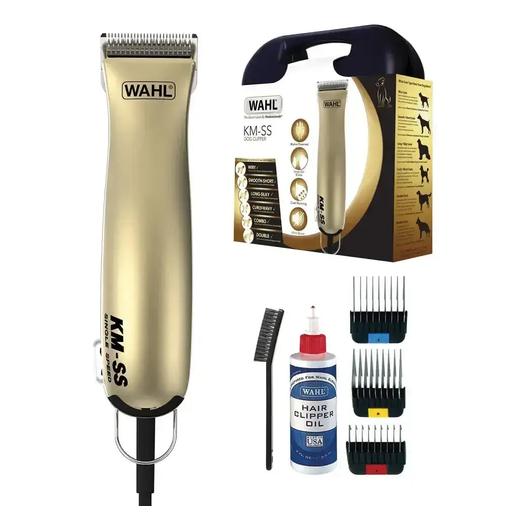 Gold-colored wahl km-ss mains operated clipper with black accents and ergonomic design heavy duty dog clipper
