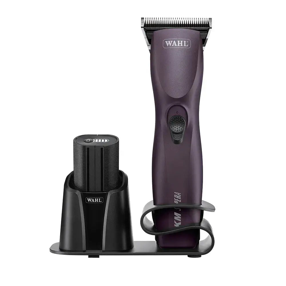 Purple wahl km3 opera electric supera equine clipper with black charging base for precise grooming