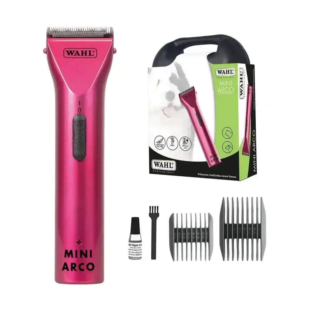 Vibrant pink wahl mini arco cordless trimmer kit with sleek metallic finish and black grip accents for trip paws use