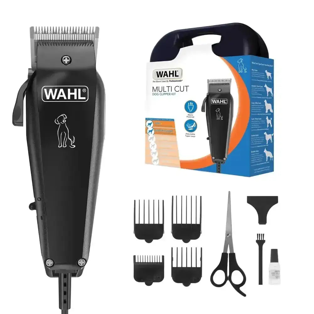 Black wahl multi-cut mains pet clipper with multiple black combs scissors and grooming tools for easy dog grooming