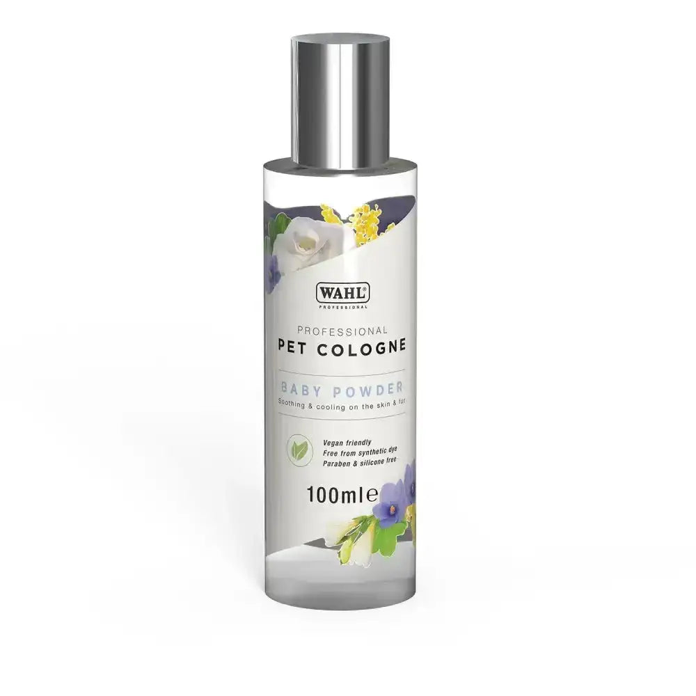 Wahl pet cologne baby powder in a clear glass 100ml bottle with silver cap and floral design perfect for pets