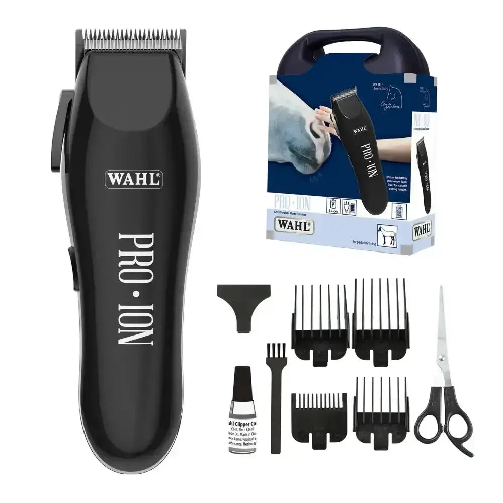 Black wahl pro ion cordless trimmer kit with multiple comb attachments and scissors for easy grooming