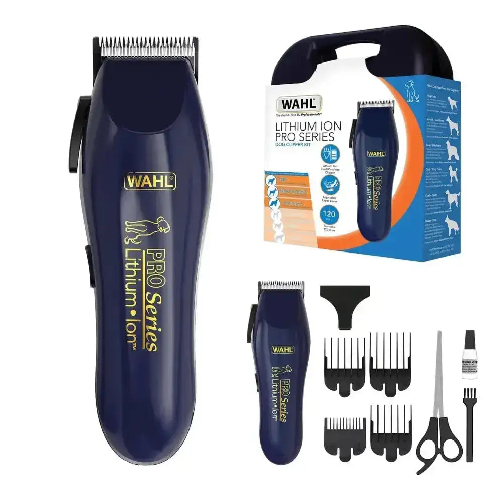 Deep navy blue wahl pro series pet lithium ion cord cordless clipper with gold lettering and black handle for grooming