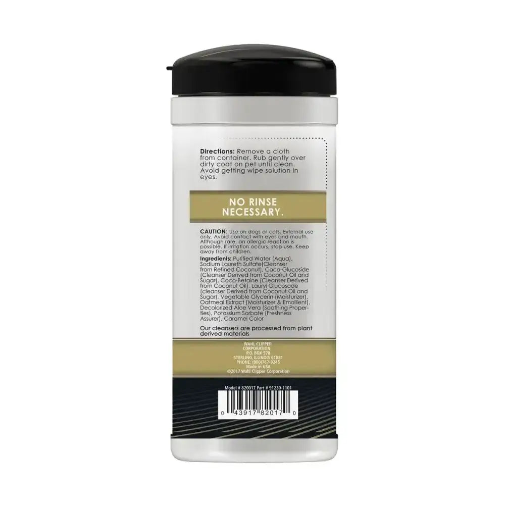 Black and white plastic container of Wahl refresh cleaning wipes dog with coconut lime verbena scent and black lid