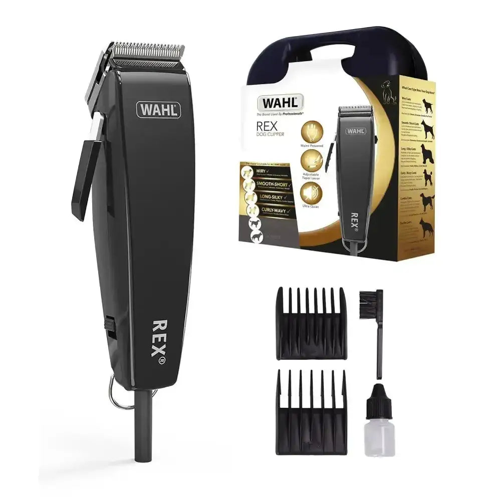 Black wahl rex pet mains operated clipper kit with multiple comb attachments and a small lubricant bottle for pets