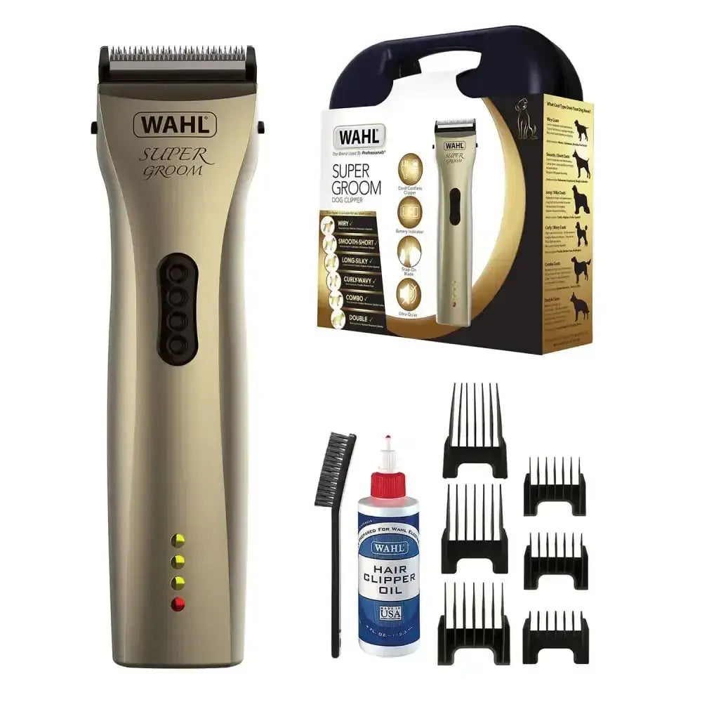 Gold-colored wahl super groom clipper with black accents and ergonomic design offering cord freedom for easy grooming