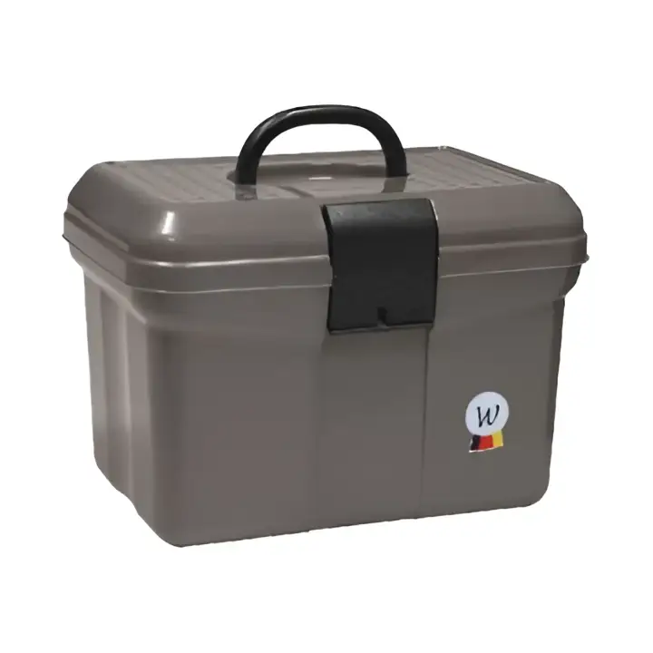 Gray plastic waldhausen grooming box with black handle and latch featuring a small circular logo sticker on the side