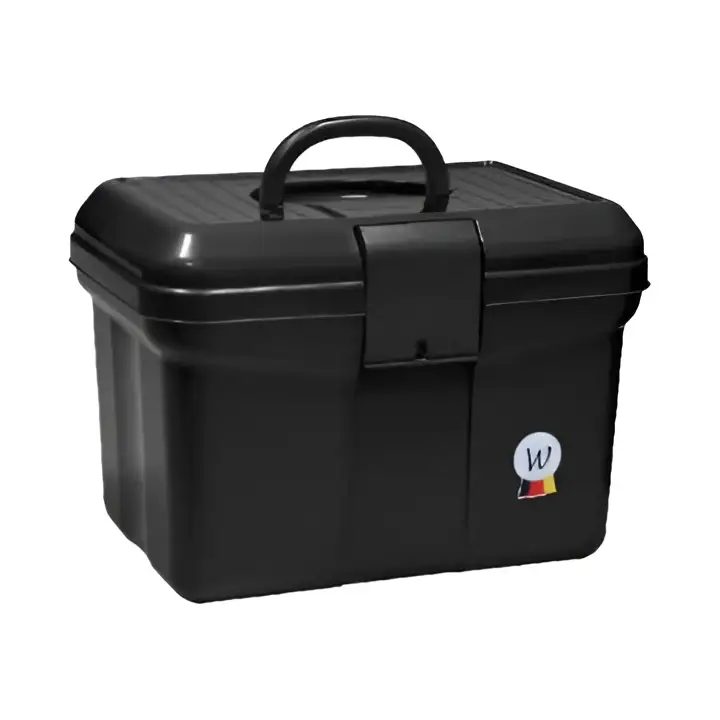 Black plastic waldhausen grooming box with sturdy handle and small circular logo for horse grooming use