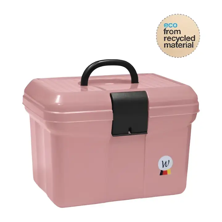 Pink plastic waldhausen grooming box with black handle and latch featuring a small circular logo on the side