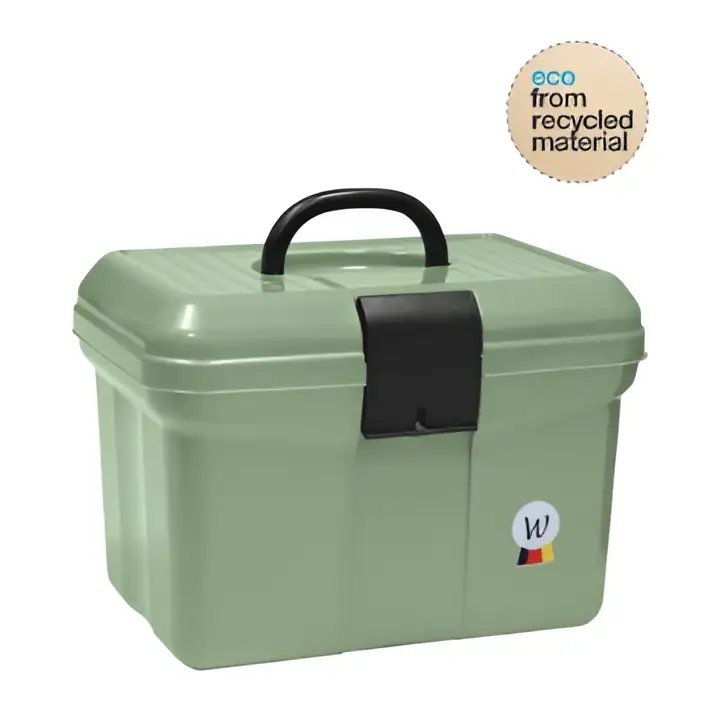 Olive green plastic waldhausen grooming box with black handle and latch featuring circular logo on the side