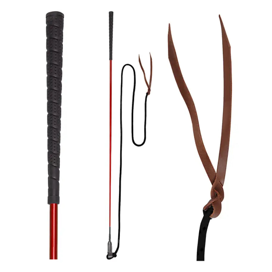Red and black waldhausen natural horsemanship touch stick with textured grip leather strap and metal tip riding crop
