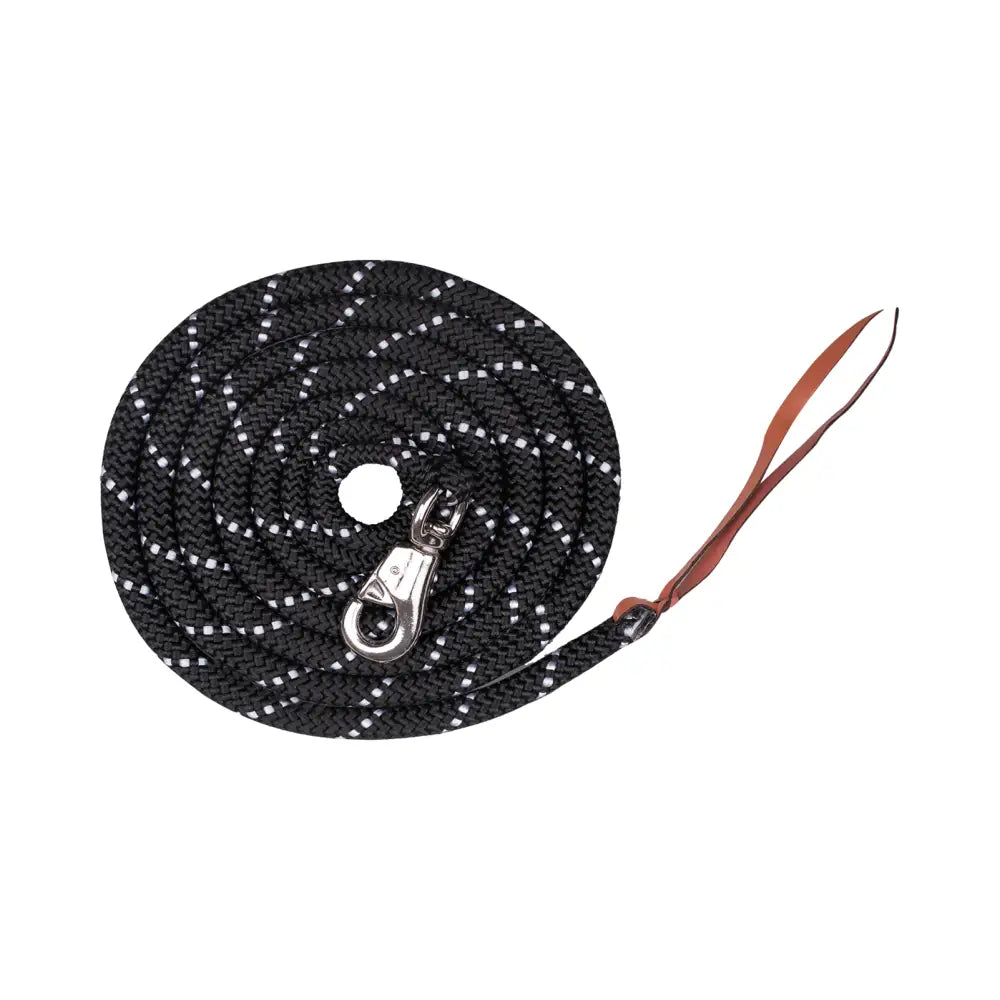 Black rope waldhausen western leadrope with white reflective dots silver clasp and brown leather handle
