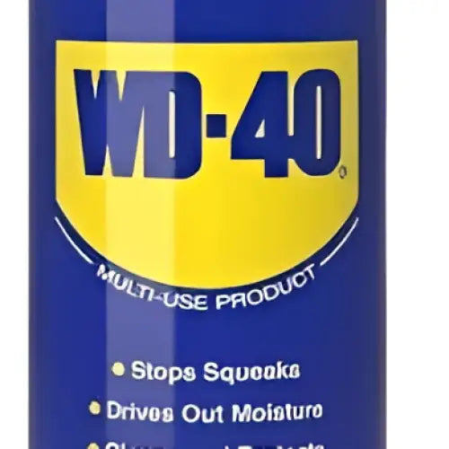 Blue wd40 100ml aerosol can with red cap and yellow label shows uses to lubricate light and protect metal parts