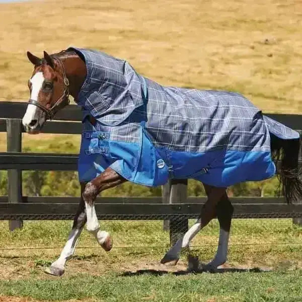 Blue plaid weatherbeeta comfitec premier trio detach horse blanket with solid blue lower section and adjustable straps